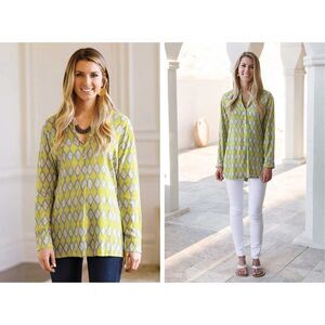 Rock Flower Paper Green Blue Long Sleeve  Blouse Top Medium